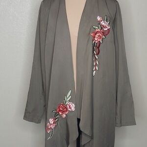 Monoreno Large Army green Waterfall Front Embroidered Roses Duster Cardigan